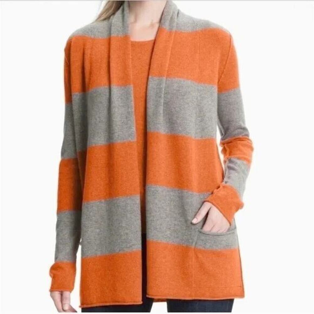 B0 Auth PURE AMICI Orange & Gray Cashmere Front Pockets Open Front Sweater Sz M